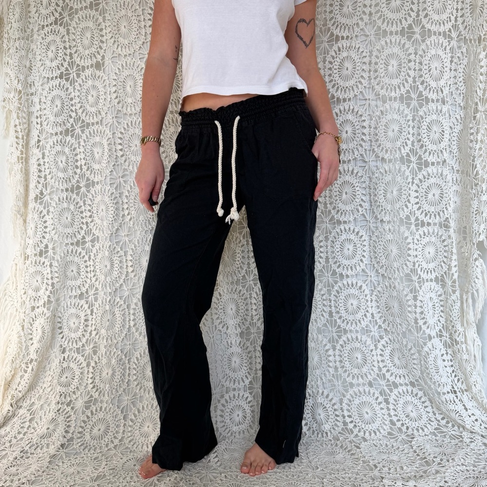 Roxy Linen Blend Drawstring Pants Black (Runs Sma… - image 4